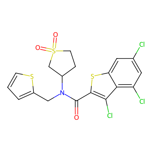 3,4,6-trichloro-N-(1,1-dioxothiolan-3-yl)-N-(thiophen-2-ylmethyl)-1-benzothiophene-2-carboxamide structure