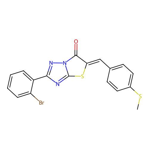 (Z)-2-(2-bromophenyl)-5-(4-(methylthio)benzylidene)thiazolo[3,2-b][1,2,4]triazol-6(5H)-one structure