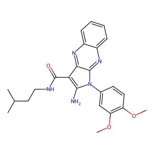 2-amino-1-(3,4-dimethoxyphenyl)-N-(3-methylbutyl)pyrrolo[3,2-b]quinoxaline-3-carboxamide structure
