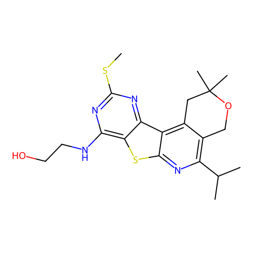 2-((5-isopropyl-2,2-dimethyl-10-(methylthio)-2,4-dihydro-1H-pyrano[4'',3'':4',5']pyrido[3',2':4,5]thieno[3,2-d]pyrimidin-8-yl)amino)ethanol structure