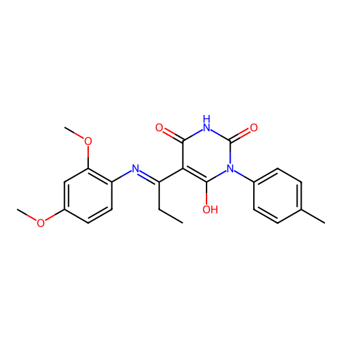 5-[1-(2,4-dimethoxyanilino)propylidene]-1-(4-methylphenyl)-1,3-diazinane-2,4,6-trione structure