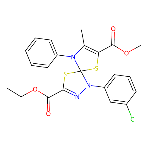 3-ethyl 7-methyl 1-(3-chlorophenyl)-8-methyl-9-phenyl-4,6-dithia-1,2,9-triazaspiro[4.4]nona-2,7-diene-3,7-dicarboxylate structure