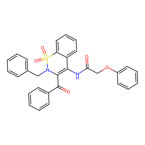 N-(3-benzoyl-2-benzyl-1,1-dioxido-2H-1,2-benzothiazin-4-yl)-2-phenoxyacetamide structure