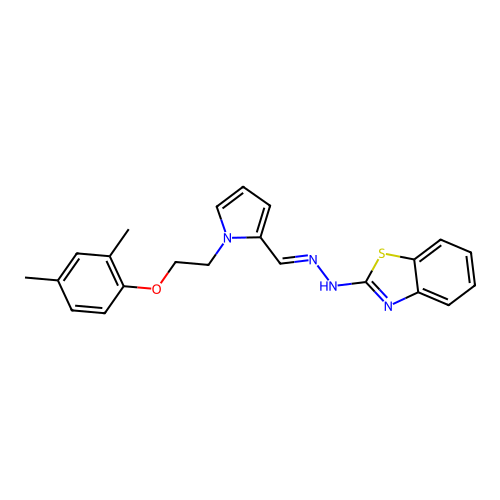 (2Z)-2-[(2E)-({1-[2-(2,4-dimethylphenoxy)ethyl]-1H-pyrrol-2-yl}methylidene)hydrazinylidene]-2,3-dihydro-1,3-benzothiazole structure