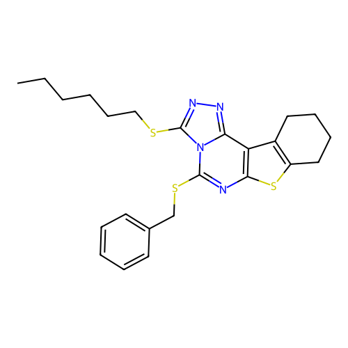 5-(benzylsulfanyl)-3-(hexylsulfanyl)-8,9,10,11-tetrahydro[1]benzothieno[3,2-e][1,2,4]triazolo[4,3-c]pyrimidine structure