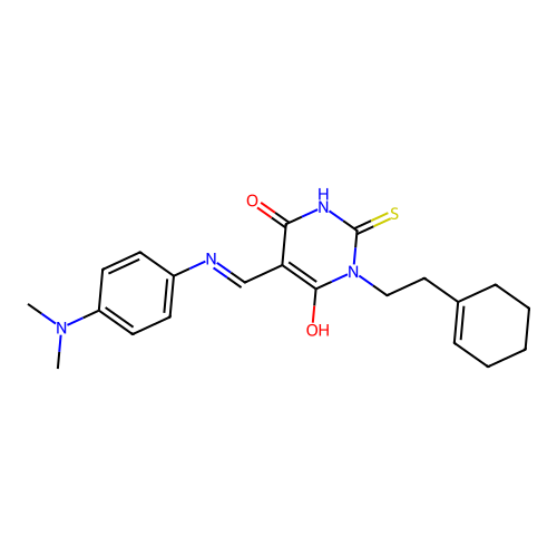 (5E)-1-[2-(cyclohexen-1-yl)ethyl]-5-[[4-(dimethylamino)anilino]methylidene]-2-sulfanylidene-1,3-diazinane-4,6-dione structure