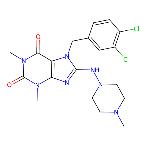 7-[(3,4-dichlorophenyl)methyl]-1,3-dimethyl-8-[(4-methylpiperazin-1-yl)amino]purine-2,6-dione structure
