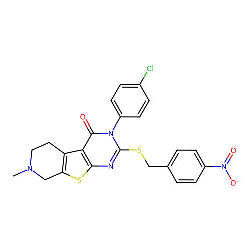 3-(4-chlorophenyl)-7-methyl-2-((4-nitrobenzyl)thio)-5,6,7,8-tetrahydropyrido[4',3':4,5]thieno[2,3-d]pyrimidin-4(3H)-one structure