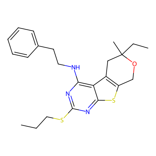 6-ethyl-6-methyl-N-(2-phenylethyl)-2-(propylsulfanyl)-5,8-dihydro-6H-pyrano[4',3':4,5]thieno[2,3-d]pyrimidin-4-amine structure