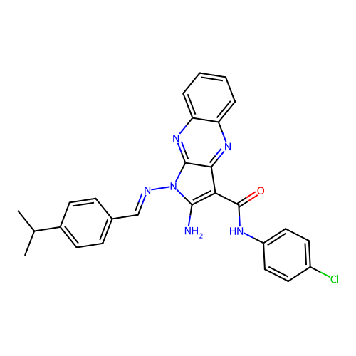 (E)-2-amino-N-(4-chlorophenyl)-1-((4-isopropylbenzylidene)amino)-1H-pyrrolo[2,3-b]quinoxaline-3-carboxamide structure