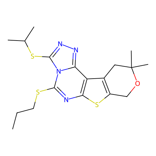 10,10-dimethyl-3-(propan-2-ylsulfanyl)-5-(propylsulfanyl)-10,11-dihydro-8H-pyrano[4',3':4,5]thieno[3,2-e][1,2,4]triazolo[4,3-c]pyrimidine structure