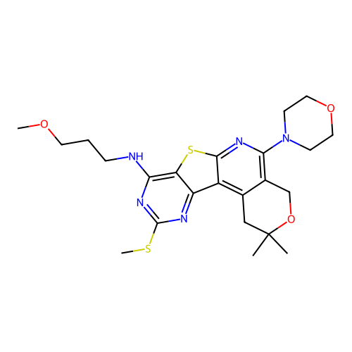 N-(3-methoxypropyl)-2,2-dimethyl-10-(methylsulfanyl)-5-(morpholin-4-yl)-1,4-dihydro-2H-pyrano[4'',3'':4',5']pyrido[3',2':4,5]thieno[3,2-d]pyrimidin-8-amine structure