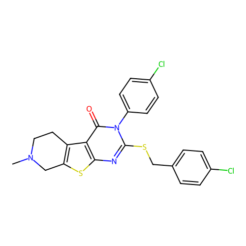 2-((4-chlorobenzyl)thio)-3-(4-chlorophenyl)-7-methyl-5,6,7,8-tetrahydropyrido[4',3':4,5]thieno[2,3-d]pyrimidin-4(3H)-one structure