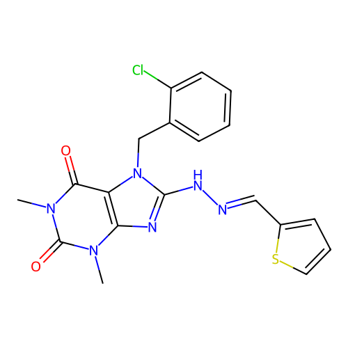 (E)-7-(2-chlorobenzyl)-1,3-dimethyl-8-(2-(thiophen-2-ylmethylene)hydrazinyl)-1H-purine-2,6(3H,7H)-dione structure