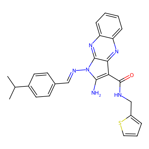 (E)-2-amino-1-((4-isopropylbenzylidene)amino)-N-(thiophen-2-ylmethyl)-1H-pyrrolo[2,3-b]quinoxaline-3-carboxamide structure