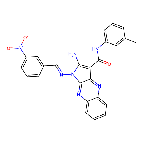 (E)-2-amino-1-((3-nitrobenzylidene)amino)-N-(m-tolyl)-1H-pyrrolo[2,3-b]quinoxaline-3-carboxamide structure