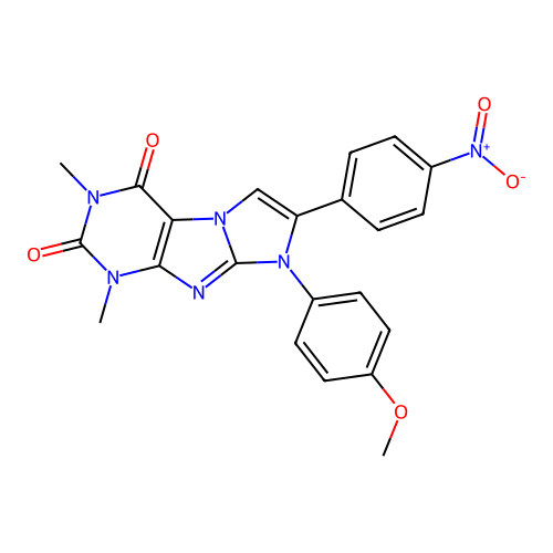 8-(4-methoxyphenyl)-1,3-dimethyl-7-(4-nitrophenyl)-1H-imidazo[2,1-f]purine-2,4(3H,8H)-dione structure