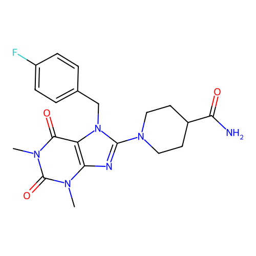 1-[7-[(4-fluorophenyl)methyl]-1,3-dimethyl-2,6-dioxopurin-8-yl]piperidine-4-carboxamide structure