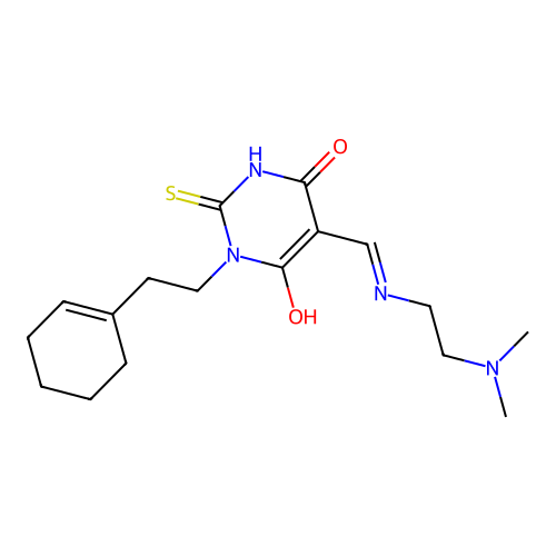 (E)-1-(2-(cyclohex-1-en-1-yl)ethyl)-5-(((2-(dimethylamino)ethyl)amino)methylene)-2-thioxodihydropyrimidine-4,6(1H,5H)-dione structure