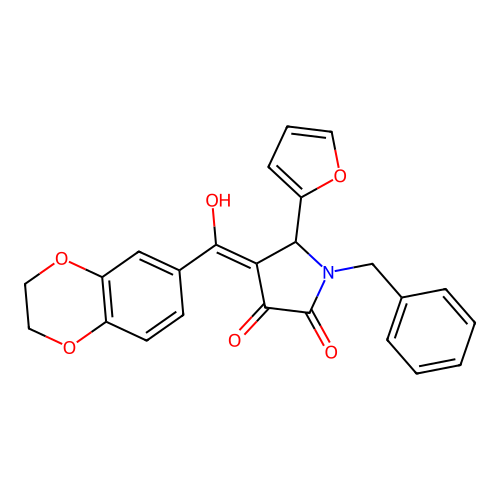 (4E)-1-benzyl-4-[2,3-dihydro-1,4-benzodioxin-6-yl(hydroxy)methylidene]-5-(furan-2-yl)pyrrolidine-2,3-dione structure