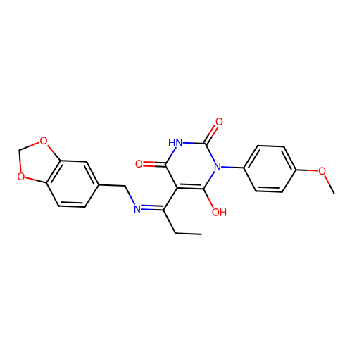 (5E)-5-{1-[(1,3-benzodioxol-5-ylmethyl)amino]propylidene}-6-hydroxy-3-(4-methoxyphenyl)pyrimidine-2,4(3H,5H)-dione structure