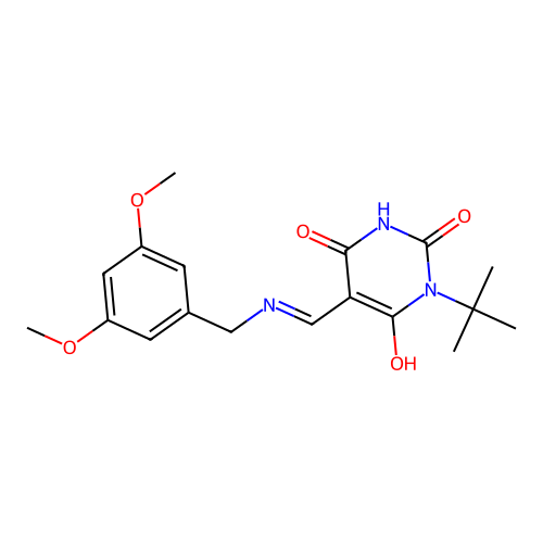 1-tert-Butyl-5-[1-(3,5-dimethoxy-benzylamino)-meth-(Z)-ylidene]-pyrimidine-2,4,6-trione structure