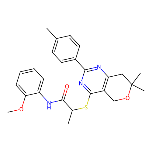 2-{[7,7-dimethyl-2-(4-methylphenyl)-7,8-dihydro-5H-pyrano[4,3-d]pyrimidin-4-yl]sulfanyl}-N-(2-methoxyphenyl)propanamide structure