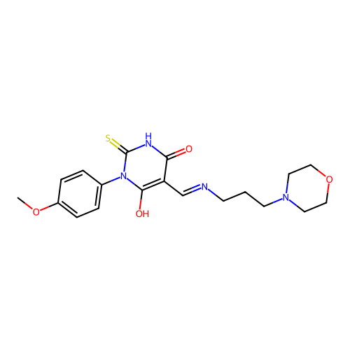 (5E)-1-(4-methoxyphenyl)-5-({[3-(morpholin-4-yl)propyl]amino}methylidene)-2-sulfanylpyrimidine-4,6(1H,5H)-dione structure