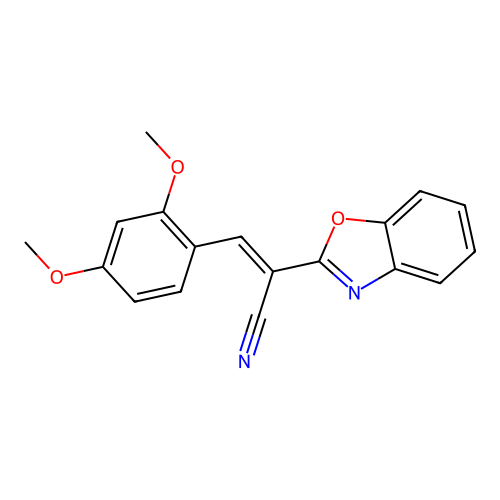 (2E)-2-(1,3-benzoxazol-2-yl)-3-(2,4-dimethoxyphenyl)prop-2-enenitrile structure