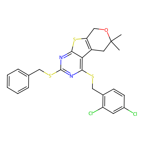 2-(benzylsulfanyl)-4-[(2,4-dichlorobenzyl)sulfanyl]-6,6-dimethyl-5,8-dihydro-6H-pyrano[4',3':4,5]thieno[2,3-d]pyrimidine structure
