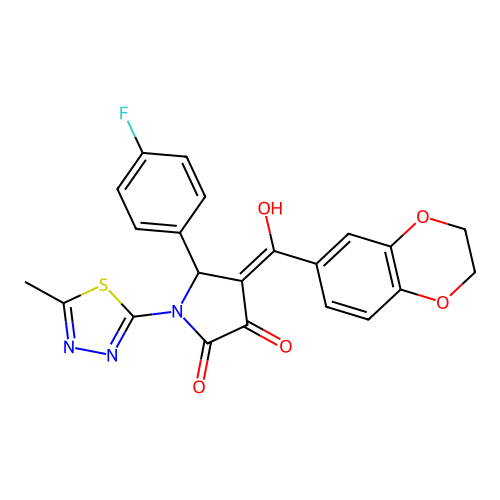(4E)-4-[2,3-dihydro-1,4-benzodioxin-6-yl(hydroxy)methylidene]-5-(4-fluorophenyl)-1-(5-methyl-1,3,4-thiadiazol-2-yl)pyrrolidine-2,3-dione structure