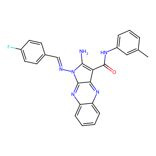 (E)-2-amino-1-((4-fluorobenzylidene)amino)-N-(m-tolyl)-1H-pyrrolo[2,3-b]quinoxaline-3-carboxamide structure