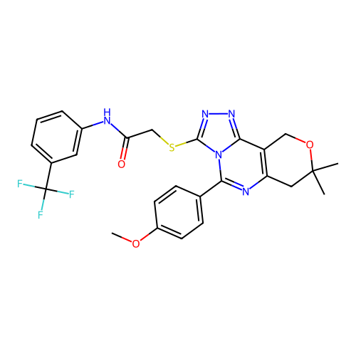 2-((5-(4-methoxyphenyl)-8,8-dimethyl-8,10-dihydro-7H-pyrano[3,4-e][1,2,4]triazolo[4,3-c]pyrimidin-3-yl)thio)-N-(3-(trifluoromethyl)phenyl)acetamide structure