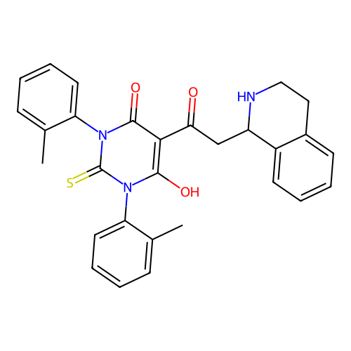 6-hydroxy-1,3-bis(2-methylphenyl)-2-sulfanylidene-5-[2-(1,2,3,4-tetrahydroisoquinolin-1-yl)acetyl]pyrimidin-4-one structure