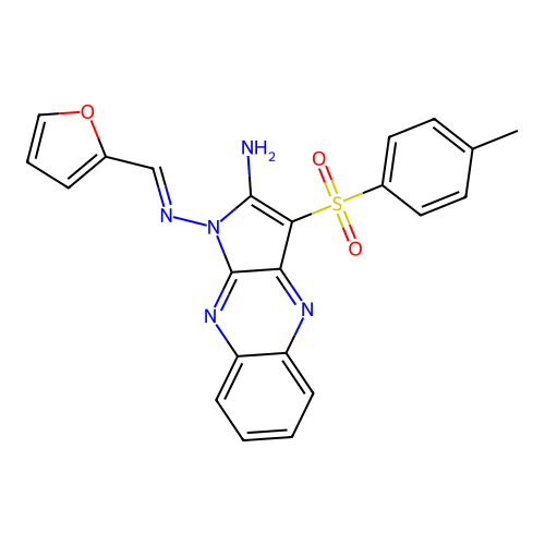 (E)-N1-(furan-2-ylmethylene)-3-tosyl-1H-pyrrolo[2,3-b]quinoxaline-1,2-diamine structure