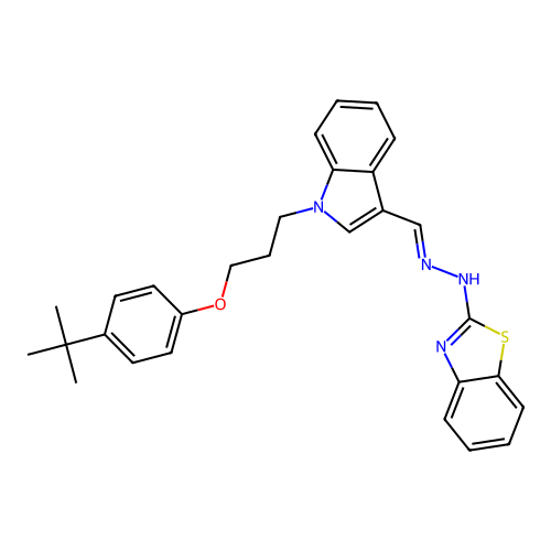 N-[[1-[3-(4-tert-butylphenoxy)propyl]indol-3-yl]methylideneamino]benzothiazol-2-amine structure