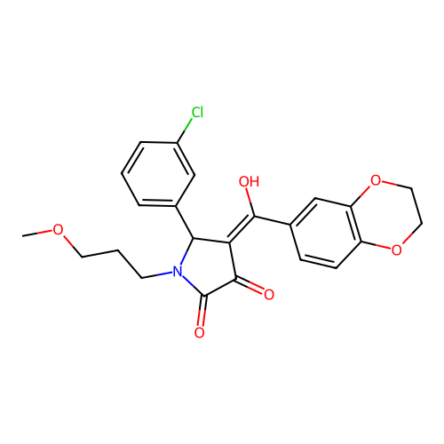 (4E)-5-(3-chlorophenyl)-4-[2,3-dihydro-1,4-benzodioxin-6-yl(hydroxy)methylidene]-1-(3-methoxypropyl)pyrrolidine-2,3-dione structure