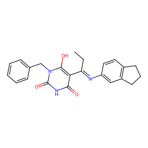 (5E)-1-benzyl-5-[1-(2,3-dihydro-1H-inden-5-ylamino)propylidene]-2-hydroxypyrimidine-4,6(1H,5H)-dione structure