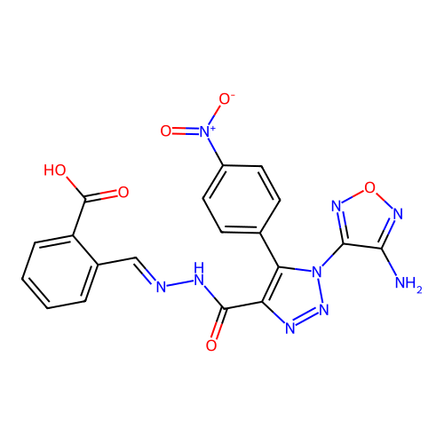 (E)-2-((2-(1-(4-amino-1,2,5-oxadiazol-3-yl)-5-(4-nitrophenyl)-1H-1,2,3-triazole-4-carbonyl)hydrazono)methyl)benzoic acid structure