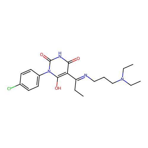 (E)-1-(4-chlorophenyl)-5-(1-((3-(diethylamino)propyl)amino)propylidene)pyrimidine-2,4,6(1H,3H,5H)-trione structure