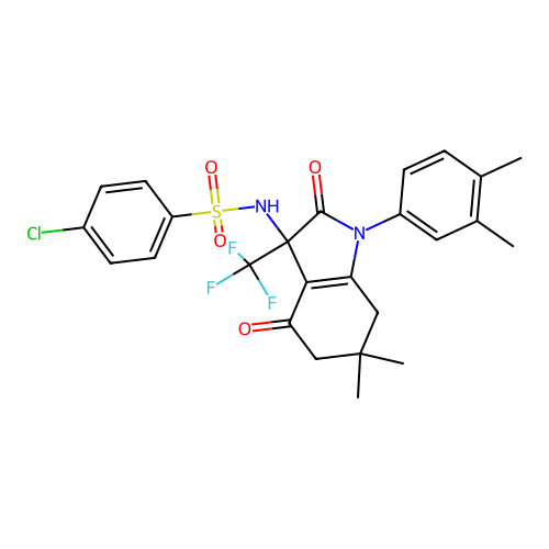 4-chloro-N-(1-(3,4-dimethylphenyl)-6,6-dimethyl-2,4-dioxo-3-(trifluoromethyl)-2,3,4,5,6,7-hexahydro-1H-indol-3-yl)benzenesulfonamide structure