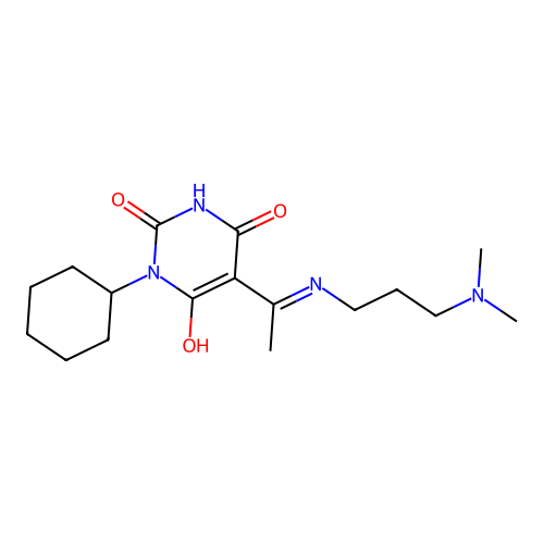 (E)-1-cyclohexyl-5-(1-((3-(dimethylamino)propyl)amino)ethylidene)pyrimidine-2,4,6(1H,3H,5H)-trione structure