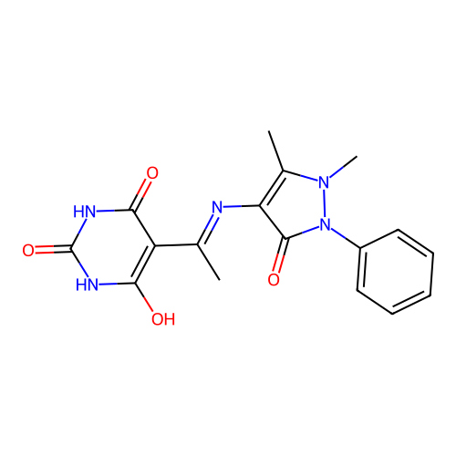 5-(1-((1,5-dimethyl-3-oxo-2-phenyl-2,3-dihydro-1H-pyrazol-4-yl)amino)ethylidene)pyrimidine-2,4,6(1H,3H,5H)-trione structure