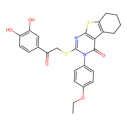 2-((2-(3,4-dihydroxyphenyl)-2-oxoethyl)thio)-3-(4-ethoxyphenyl)-5,6,7,8-tetrahydrobenzo[4,5]thieno[2,3-d]pyrimidin-4(3H)-one structure