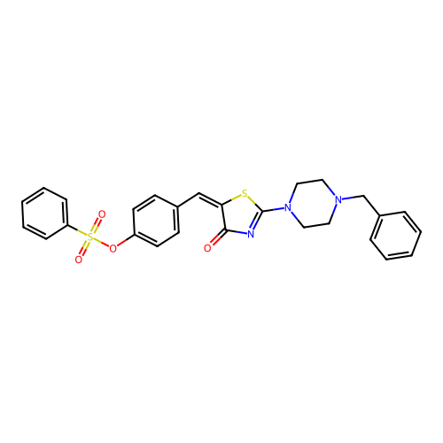 5-[[4-(benzenesulfonyloxy)phenyl]methylidene]-2-(4-benzylpiperazin-1-yl)-1,3-thiazol-4-one structure