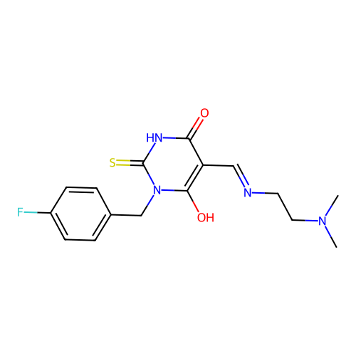 (E)-5-(((2-(dimethylamino)ethyl)amino)methylene)-1-(4-fluorobenzyl)-2-thioxodihydropyrimidine-4,6(1H,5H)-dione structure
