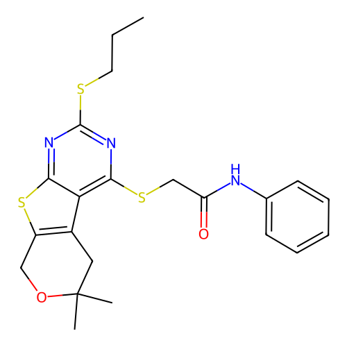 2-((6,6-dimethyl-2-(propylthio)-6,8-dihydro-5H-pyrano[4',3':4,5]thieno[2,3-d]pyrimidin-4-yl)thio)-N-phenylacetamide structure
