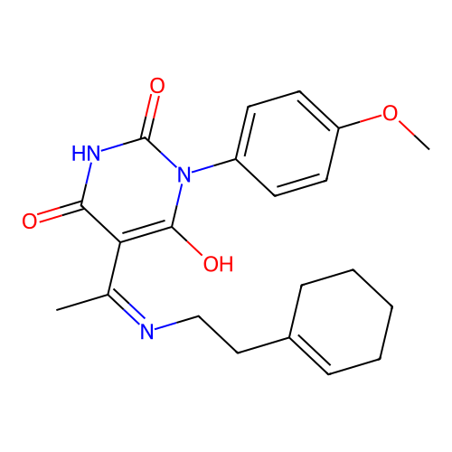 (5E)-5-(1-{[2-(cyclohex-1-en-1-yl)ethyl]amino}ethylidene)-6-hydroxy-3-(4-methoxyphenyl)pyrimidine-2,4(3H,5H)-dione structure