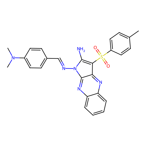(E)-N1-(4-(dimethylamino)benzylidene)-3-tosyl-1H-pyrrolo[2,3-b]quinoxaline-1,2-diamine structure