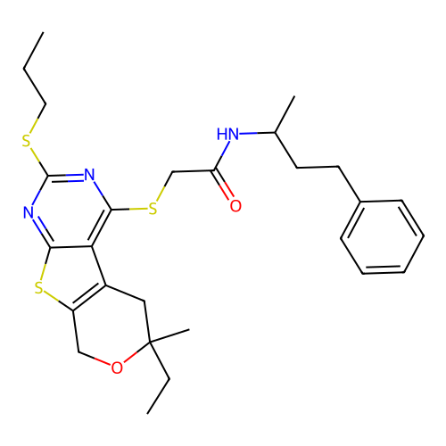 2-((6-ethyl-6-methyl-2-(propylthio)-6,8-dihydro-5H-pyrano[4',3':4,5]thieno[2,3-d]pyrimidin-4-yl)thio)-N-(4-phenylbutan-2-yl)acetamide structure